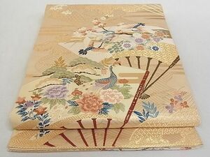 平和屋-こころ店◎六通柄袋帯　唐織　扇面花鳥文　本金箔　正絹　逸品　AAAE0069Apf