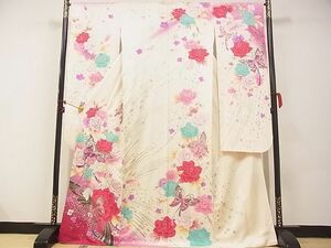 平和屋-こころ店■豪華振袖　刺繍　花蝶文　暈し染め　金銀彩　銀通し地　正絹　逸品　AAAD4456Ata