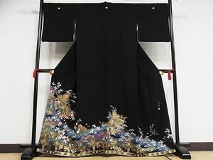 平和屋-こころ店■谷崎潤一郎の世界　黒留袖　駒刺繍　几帳草花鼓文　暈し染め　金彩　正絹　逸品　AAAE4010Bph