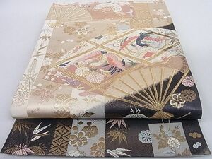 平和屋-こころ店◎六通柄袋帯　唐織　扇面花鳥文　松竹梅　金糸　正絹　逸品　AAAD6129Ajz