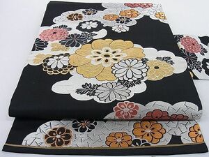 平和屋-こころ店◎九寸名古屋帯　雲取り花文　黒地　金糸　正絹　逸品　AAAD9238Ajz