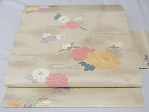 平和屋-こころ店◎九寸名古屋帯　枝花文　金糸　正絹　逸品　AAAE3377Ast