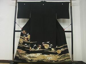 平和屋2■豪華黒留袖　駒刺繍　立波飛鶴花丸文　金彩　逸品　DAAA1910du