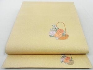 平和屋-こころ店◎綴れ　太鼓柄袋帯　刺繍　花籠文　銀糸　金通し地　正絹　逸品　AAAD9199Ajz