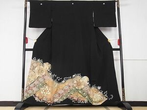 平和屋-こころ店■豪華黒留袖　駒刺繍　向かい鳥花文　金彩　正絹　逸品　AAAE8635Ack