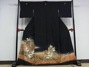 平和屋-こころ店■豪華黒留袖　御所車花文　暈し染め　金彩　正絹　逸品　AAAD6067Bjd