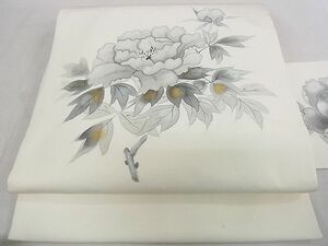 平和屋2◎塩瀬　九寸名古屋帯　手描き　牡丹文　金彩　逸品　DAAB0989ud