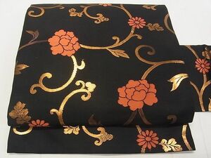 平和屋2◎九寸名古屋帯　花唐草文　黒地　金糸　逸品　DAAB1366jm