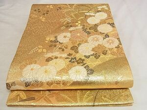 平和屋-こころ店■六通柄袋帯　ふくれ織　流水草花文　金糸　正絹　逸品　AAAE8359Apf