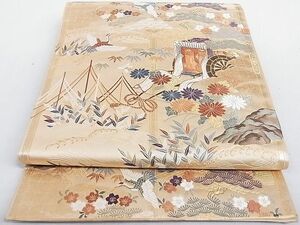 平和屋-こころ店◎六通柄袋帯　唐織　松鶴御車文様　金糸　正絹　逸品　AAAE7508Abw