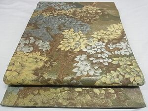 平和屋-こころ店◎六通柄袋帯　枝葉文　金糸　正絹　逸品　AAAE1751Ajz