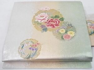 平和屋-こころ店■九寸名古屋帯　刺繍　雪輪草花文　金銀糸　金銀彩　引箔　正絹　逸品　AAAD3429Aaz