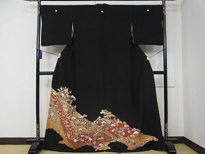 平和屋1■豪華黒留袖　駒刺繍　宝尽くし飛鶴花松文　金彩　逸品　CAAC5314rv