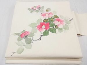 平和屋1■塩瀬　九寸名古屋帯　手書き　枝椿　金彩　逸品　CAAB0416fb