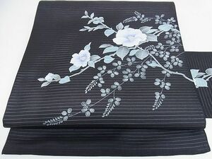 平和屋2■夏物　絽塩瀬　九寸名古屋帯　草花　黒地　銀彩　逸品　DAAC5337op