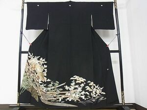 平和屋2■豪華黒留袖　作家物　駒刺繍　鬘帯扇面飛鶴花文　金彩　逸品　DAAC7596ud