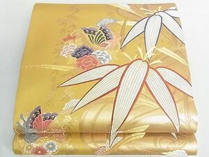 平和屋2◎六通柄袋帯　唐織　笹の葉花蝶文　金糸　逸品　DAAA3758rt