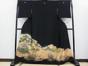 平和屋2■豪華黒留袖　作家物　手描き　飛鶴花松文　金彩　逸品　DAAC6074fe