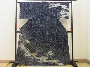 平和屋野田店■訪問着　総絞り　花流し　濃紺地　逸品　BAAD2324xi