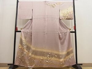 平和屋野田店■訪問着　単衣　スワトウ刺繍　松皮菱流水草花文　暈し染め　金彩　逸品　BAAD2943fw