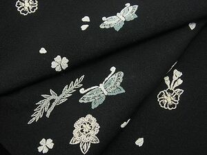 平和屋野田店■上質な小紋　総刺繍　相良刺繍　花蝶文　黒地　逸品　BAAD1867hj