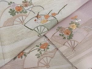 平和屋川間店◆訪問着　刺繍　扇花文　金糸　鬼しぼ縮緬　着丈152cm　裄丈64cm　正絹　逸品　mop836