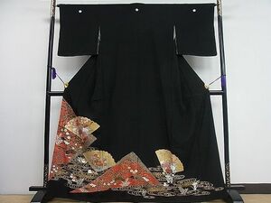 平和屋1■豪華黒留袖　扇面流水鴛鴦花文　金彩　逸品　CAAB2863ut