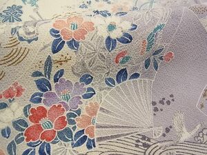 平和屋1■上質な小紋　扇面飛鶴花文　暈し染め　金銀彩　鬼しぼ縮緬　逸品　CAAB4941vf