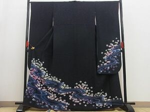 平和屋野田店■豪華振袖　手描き　桜流し　黒地　逸品　BAAD4973hj