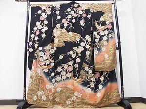 平和屋1■豪華振袖　雲重ね飛鶴花文　暈し染め　黒地　金彩　逸品　CAAB3935hy