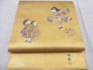 平和屋野田店◎太鼓柄袋帯　唐織　作家物：峰雲　童子遊び　金糸　引箔　逸品　BAAD6188ea