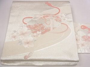 平和屋1◎九寸名古屋帯　駒刺繍　文箱花文　銀糸　逸品　CAAB4602eg