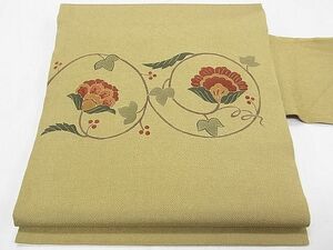 平和屋1◎九寸名古屋帯　刺繍　花唐草文　鬼しぼ縮緬　逸品　CAAB0450fb