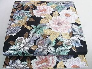  flat peace shop 2# six through pattern double-woven obi flowers and birds writing black metal silver thread excellent article DAAC2355ic