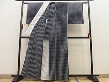 平和屋野田店■上質なお召　単衣　格子柄　やまと誂製　綿　逸品　BAAD3329fw_画像3