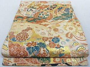  flat peace shop - here . shop * antique Taisho romance maru obi hinoki cypress . flowers and birds writing gold silver thread silk excellent article AAAE1888Ajz