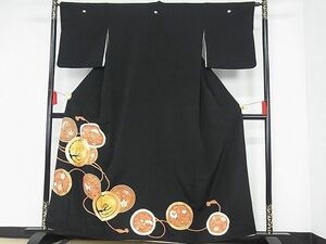 平和屋-こころ店■豪華黒留袖　駒刺繍　鳳凰花絵皿文　金彩　正絹　逸品　AAAE7168Acs