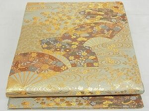 平和屋-こころ店◎六通柄袋帯　唐織　流水扇面花鳥文　金糸　正絹　逸品　AAAE9452Bsw