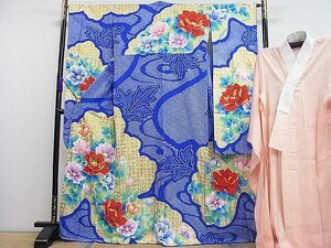 平和屋1■豪華振袖・長襦袢セット　無双仕立て　手描き　駒刺繍　絞り　雲取り草花文　金彩　逸品　CAAC8656ut