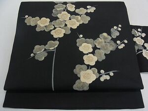 平和屋2◎塩瀬　九寸名古屋帯　枝梅文　黒地　金彩　逸品　DAAC0714cm