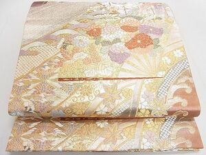 平和屋2◎佐賀錦　六通柄袋帯　扇面几帳花文　金銀糸　逸品　DAAC0742cm