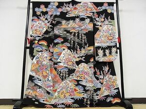  flat peace shop - here . shop # gorgeous long-sleeved kimono . type type dyeing scenery . flower writing pine bamboo plum black ground silk excellent article AAAE3723Bzg