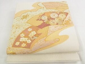 平和屋-こころ店◎綴れ　太鼓柄袋帯　刺繍　地紙花文　金銀彩　銀通し地　正絹　逸品　AAAF1653Aex