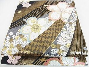 平和屋川間店■六通柄袋帯　唐織　舞桜文　黒地　金糸　逸品　DAAB3698op