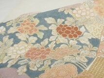 平和屋-こころ店■綴れ　太鼓柄袋帯　相良刺繍　重ね山草花文　金通し地　正絹　逸品　AAAE8451Apf_画像3