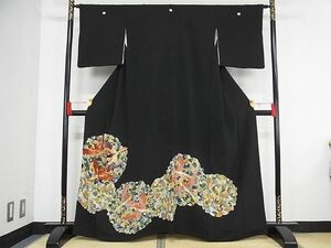 平和屋-こころ店■豪華黒留袖　刺繍　花鳥文　金彩　正絹　逸品　AAAE1965Aog