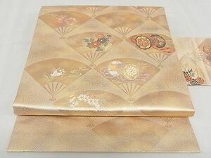 平和屋-こころ店◎九寸名古屋帯　唐織　扇面花鼓文　金糸　引箔　正絹　逸品　AAAE5879Bey