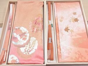 平和屋2■和装小物　帯締め・帯揚げ：2点　雪輪花文　金彩　刺繍　楓　暈し染め　手組紐　金糸　逸品　未使用　DAAC8189zzz