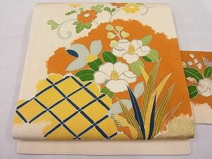 平和屋川間店■九寸名古屋帯　竹垣草花文　金彩　鬼しぼ縮緬　逸品　ut6926