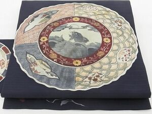 平和屋-こころ店■夏物　九寸名古屋帯　手描き　藍　絵皿文　正絹　逸品　AAAE4267Awj